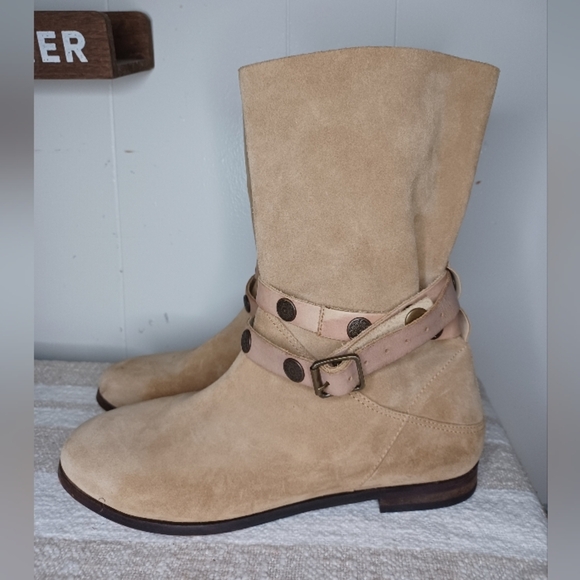 Free People Beige Suede Heeled Boots with Strap Accents NWOT - Picture 5 of 10